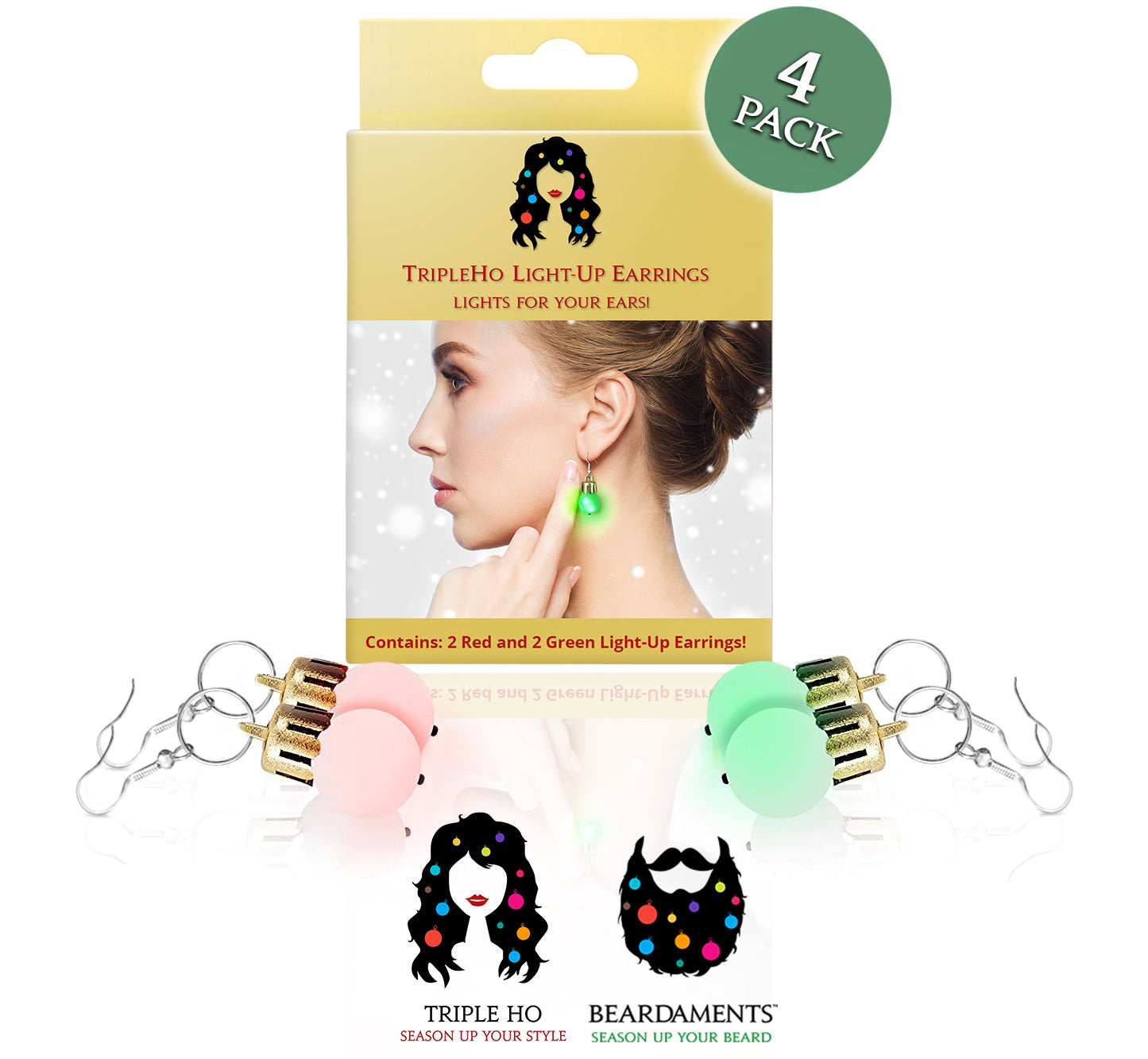 Light Up Ornament Earrings - 4 Pack of Light Up Women's Earrings from Beardaments-Beardaments-Beardaments Beard Ornaments Glitter